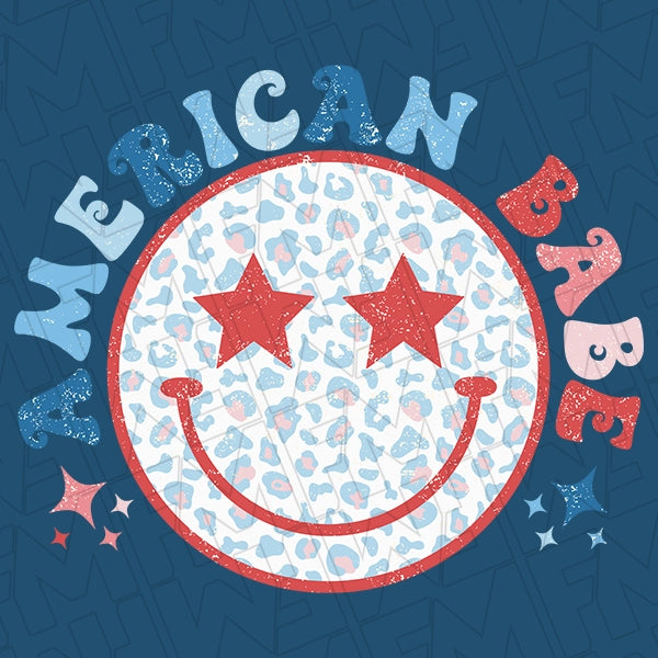 American Babe Leopard Smiley Retro Patriotic DTF Transfer applied to a shirt