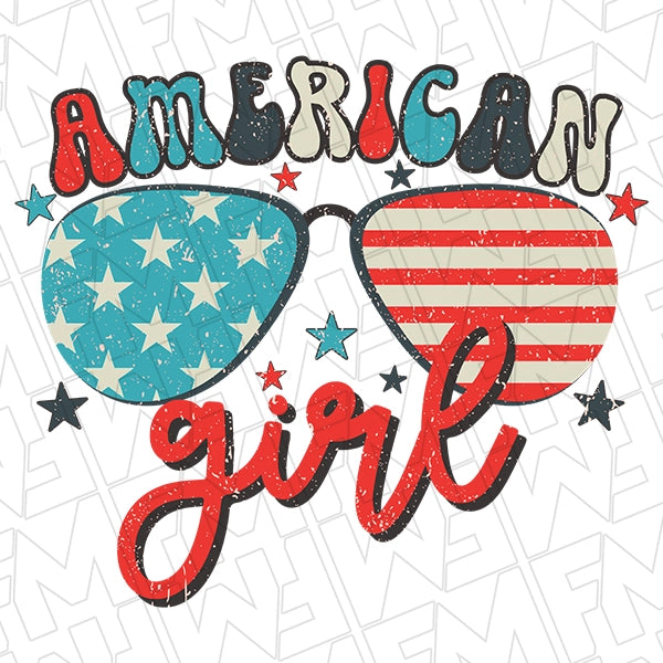 American Girl Sunglasses Retro Patriotic DTF Transfer applied to a shirt