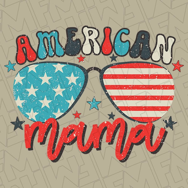 American Mama Sunglasses Retro Patriotic DTF Transfer applied to a shirt