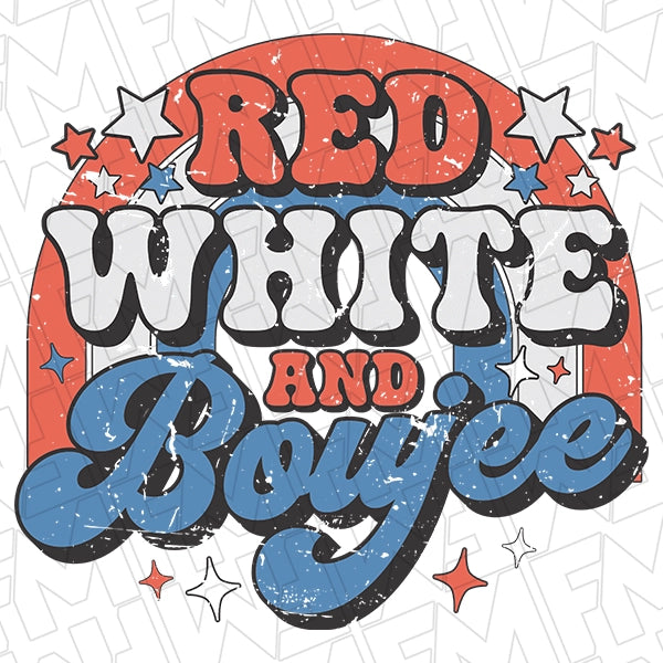 Red White and Boujee Retro Patriotic DTF Transfer applied to a shirt