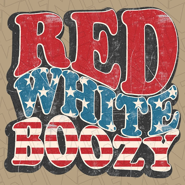 Red White Boozy Wavy Text Retro Funny Patriotic DTF Transfer applied to a shirt