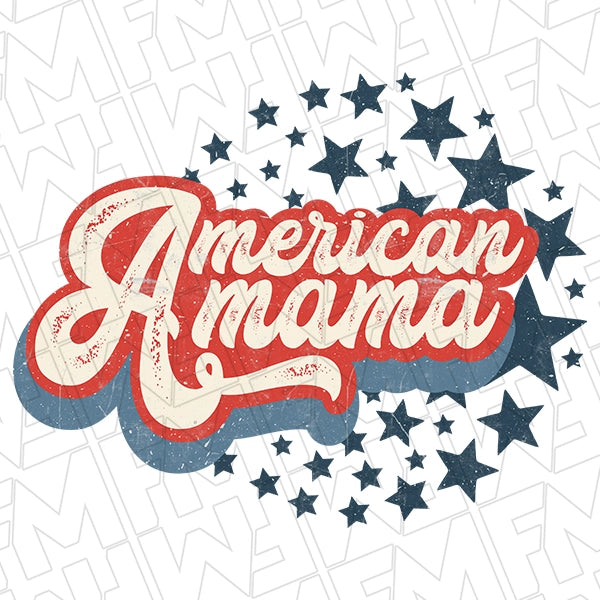 American Mama Script Stars Patriotic DTF Transfer applied to a shirt