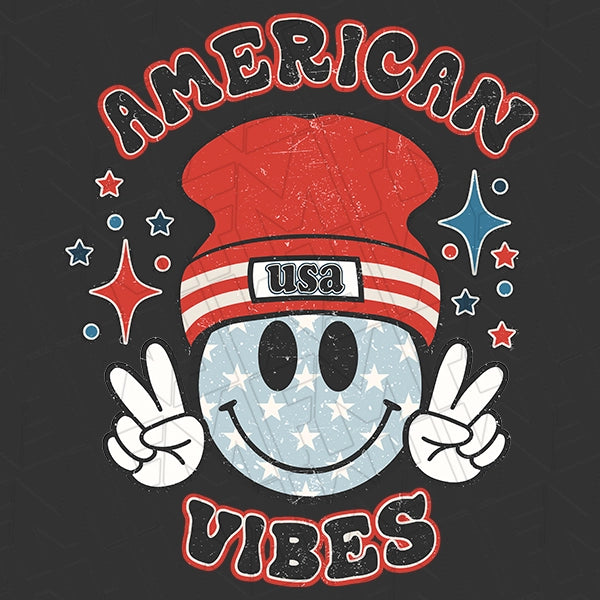 American Vibes Retro Boho Hippie Peace Smiley Patriotic DTF Transfer applied to a shirt