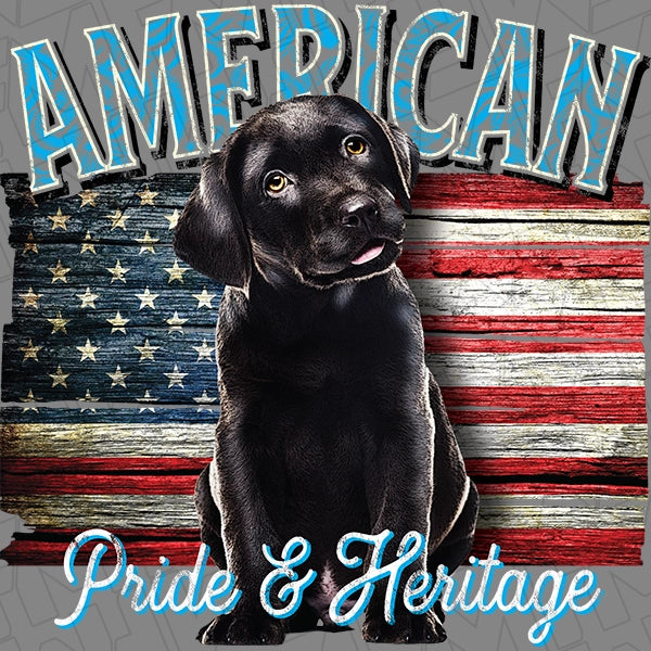 American Pride & Heritage Lab Puppy Flag Americana Cute Patriotic DTF Transfer applied to a shirt