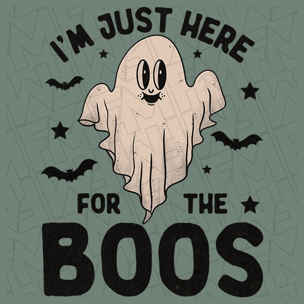 I'm Just Here for the Boos Retro Cartoon Ghost DTF Transfer applied to a shirt