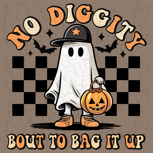 No Diggity Bout to Bag it Up Checker Ghost Halloween DTF Transfer applied to a shirt