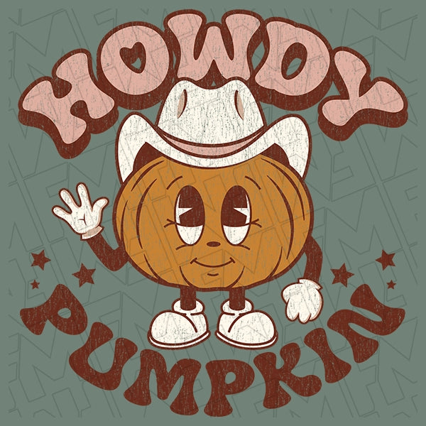 Howdy Pumpkin Retro Western Halloween DTF Transfer applied to a shirt