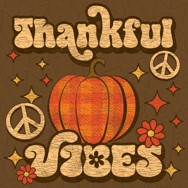 Thankful Vibes Peace & Flowers Retro Fall DTF Transfer applied to a shirt