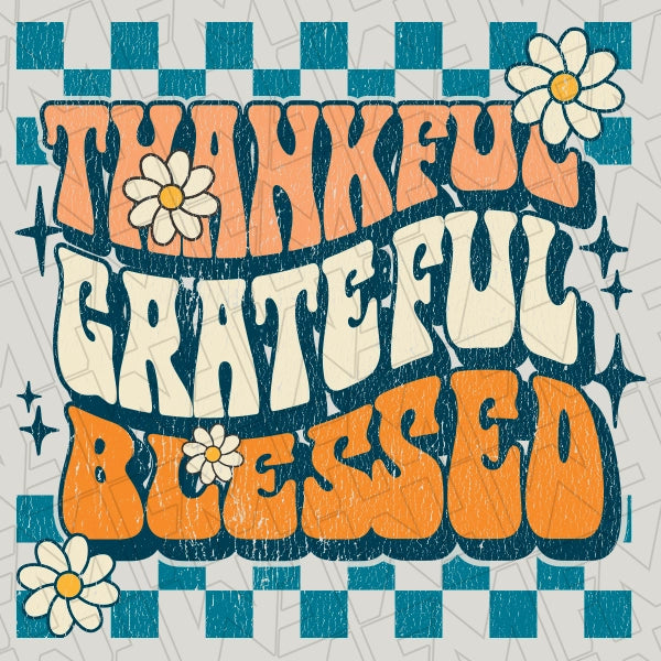 Thankful Grateful Blessed Retro Checker Fall DTF Transfer applied to a shirt