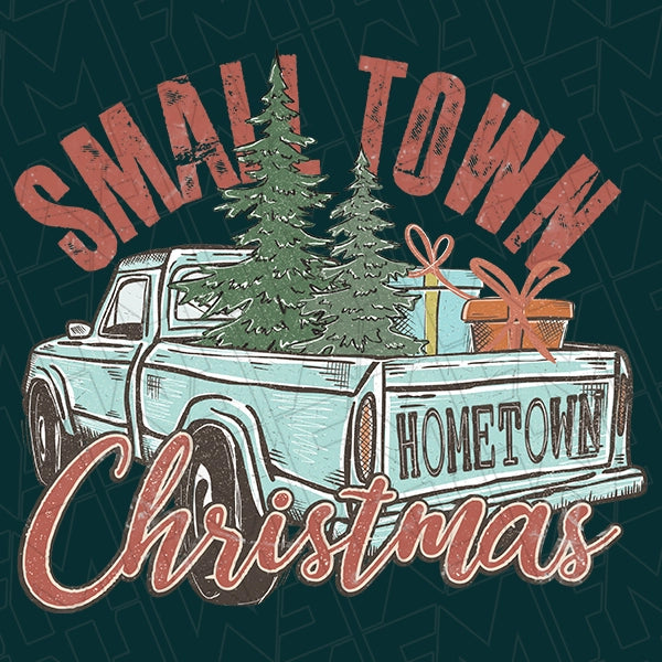 Small Town Christmas Truck Christmas DTF Transfer applied to a shirt