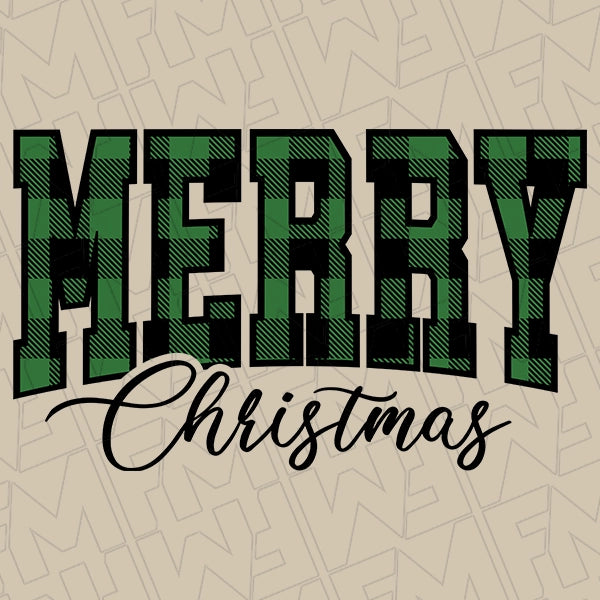 Merry Christmas Green & Black Plaid Christmas DTF Transfer applied to a shirt