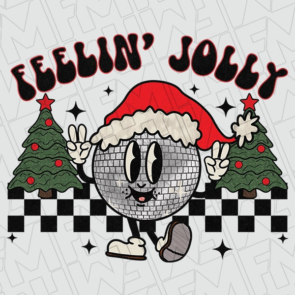 Feelin Jolly Checker Disco Ball Christmas DTF Transfer applied to a shirt