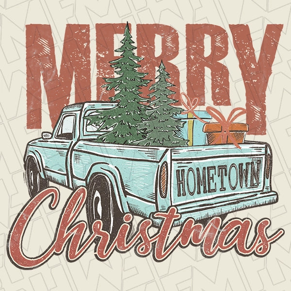 Merry Christmas Truck Hometown Christmas DTF Transfer applied to a shirt