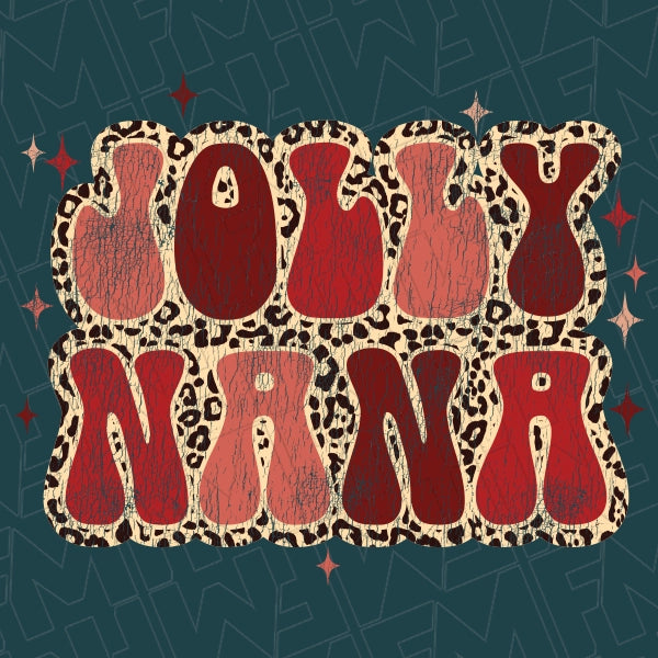 Jolly Nana Leopard Christmas DTF Transfer applied to a shirt