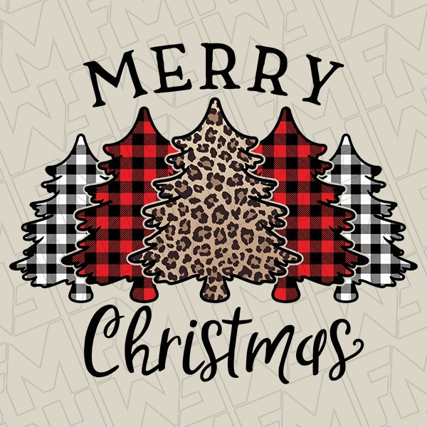 Plaid & Leopard Merry Christmas Trees Christmas DTF Transfer applied to a shirt