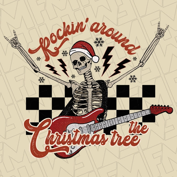 Rocking Around the Christmas Tree Checker Skeleton Christmas DTF Transfer applied to a shirt