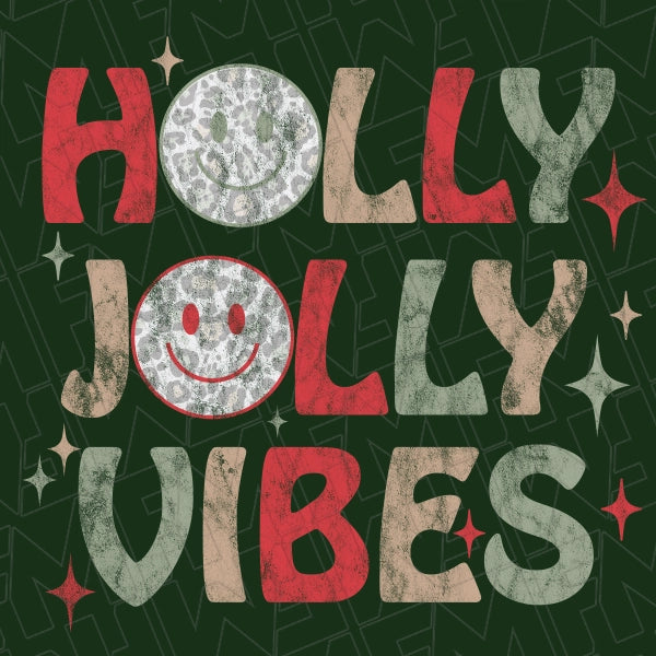 Distressed Holly Jolly Vibes Smiley Christmas DTF Transfer applied to a shirt