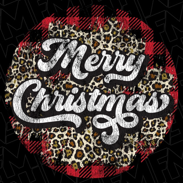 Merry Christmas Script Plaid Leopard Circle Christmas DTF Transfer applied to a shirt