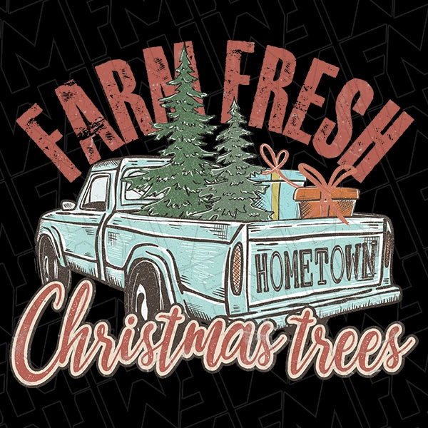 Farm Fresh Christmas Trees Vintage Truck Christmas DTF Transfer applied to a shirt