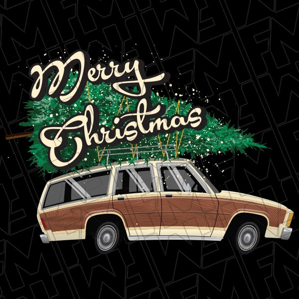 Merry Christmas Station Wagon & Christmas Tree Christmas DTF Transfer applied to a shirt