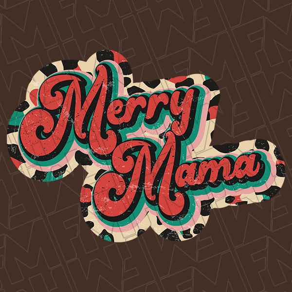 Merry Mama Multicolor Script Christmas DTF Transfer applied to a shirt