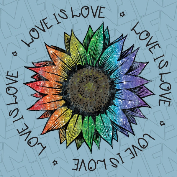 Love Is Love Sunflower Simulated Rainbow GlitterDTF TransferDTF Transfer applied to a shirt