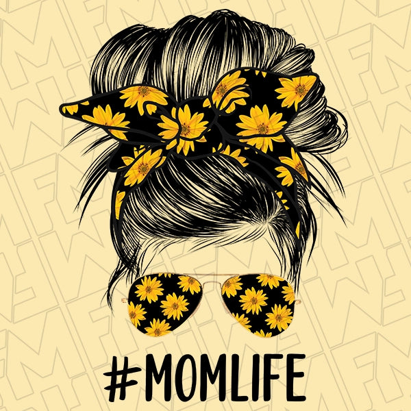 MomLife Messy Bun Sunflower Mom DTF Transfer applied to a shirt