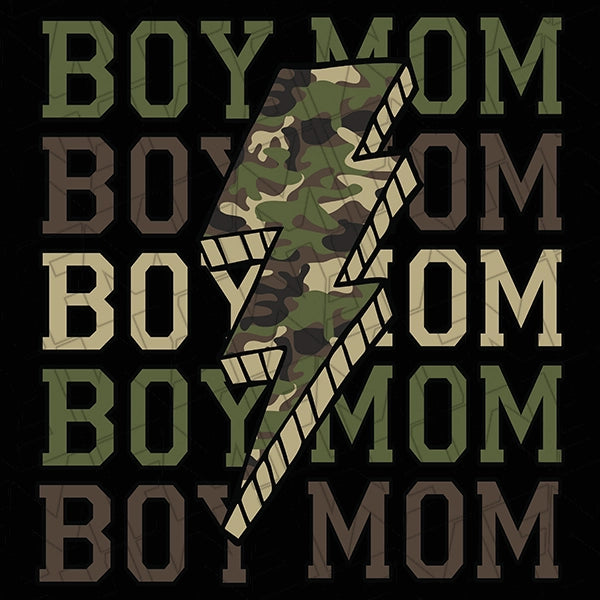 Green Camo Boy Mom Lightning Bolt DTF Transfer applied to a shirt