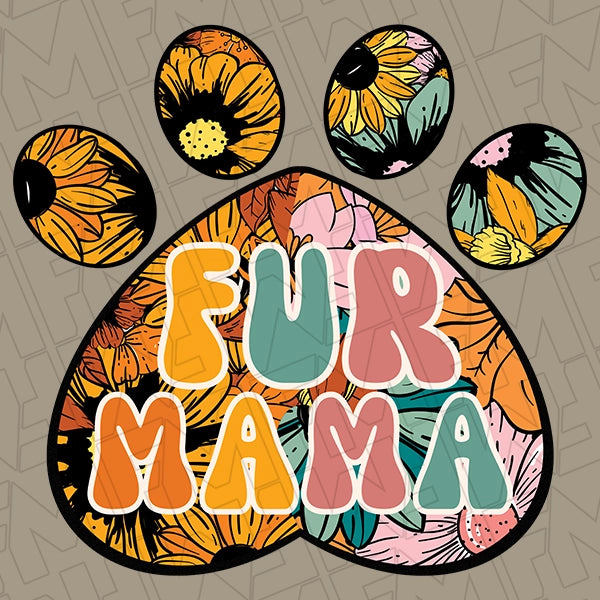 Fur Mama Boho Floral Paw Print DTF Transfer applied to a shirt