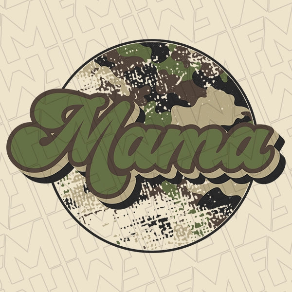 Green Camo Mama Script Mommy Me DTF Transfer applied to a shirt