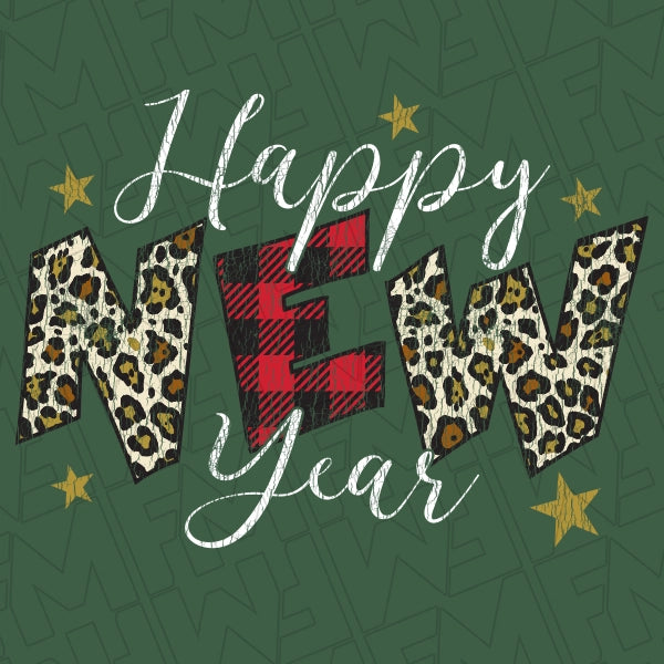 Happy New Year Leopard Plaid New Year DTF Transfer applied to a shirt