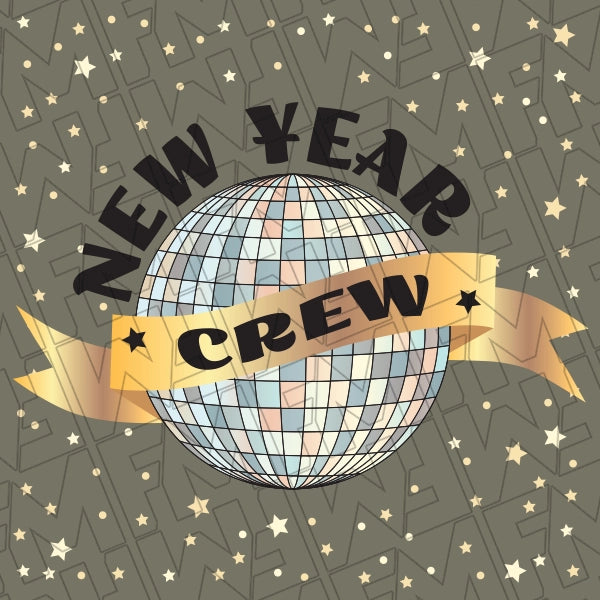 New Year Crew Disco Ball and Stars New Year DTF Transfer applied to a shirt