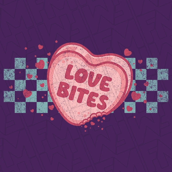 Love Bites Checker Candy Heart Funny Valentines DTF Transfer applied to a shirt