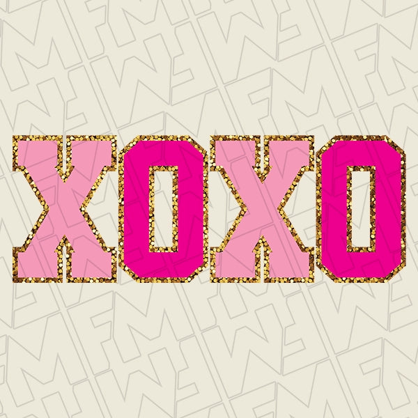 XOXO Faux Glitter Kids Valentines DTF Transfer applied to a shirt