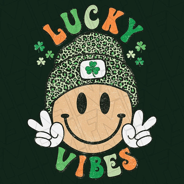 Lucky Vibes Boho Hippie Smiley Face DTF Transfer applied to a shirt