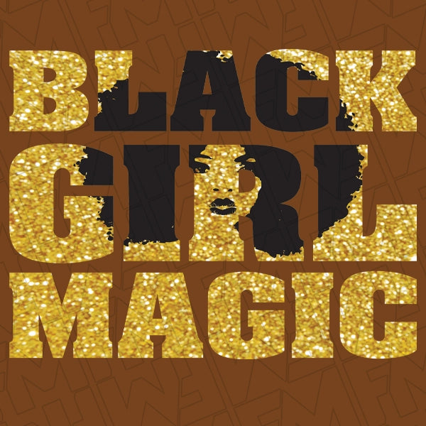 Black Girl Magic Glitter Faux DTF Transfer applied to a shirt